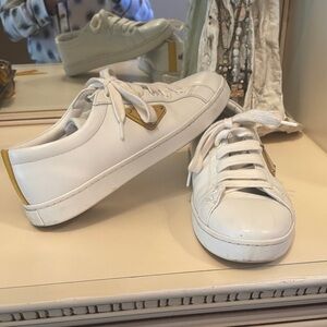 Prada White Leather Sneakers with Yellow Accents